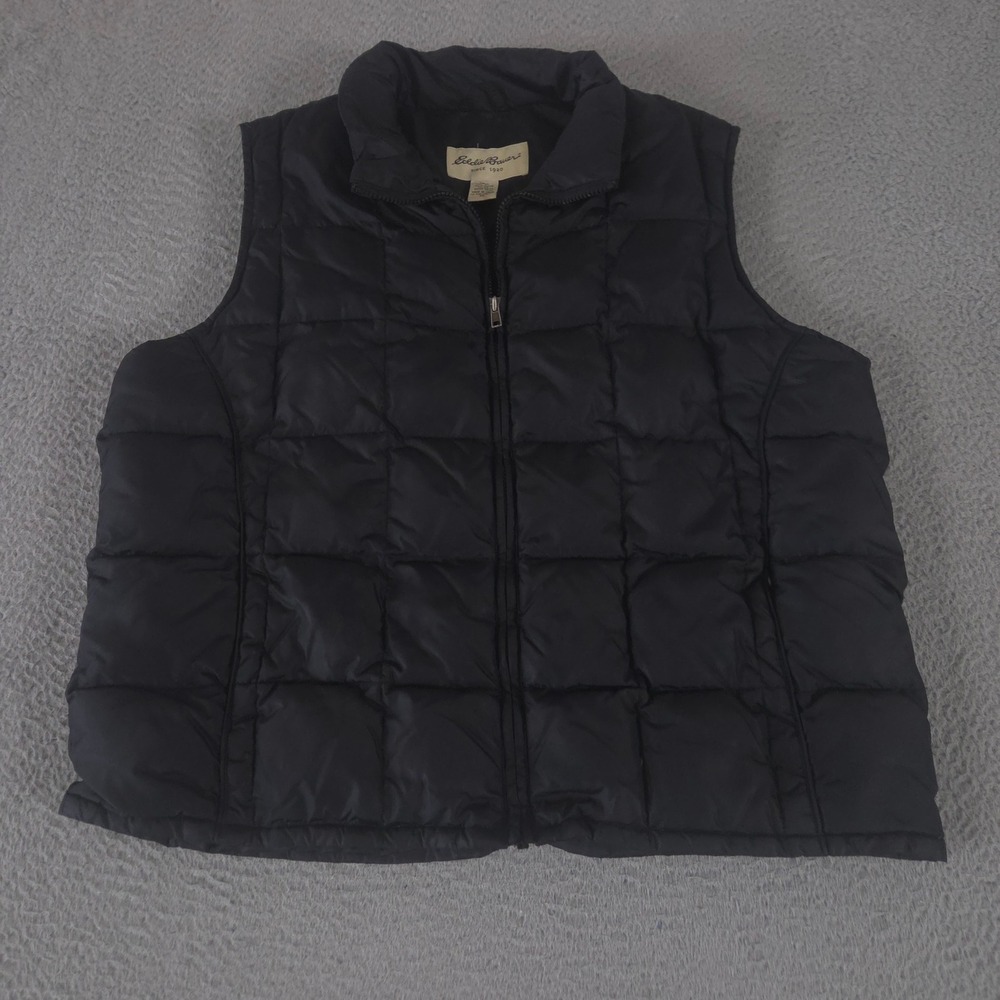 VINTAGE Eddie Bauer Vest Womens XL Black Quilted Goose Down Puffer Full Zip 90s